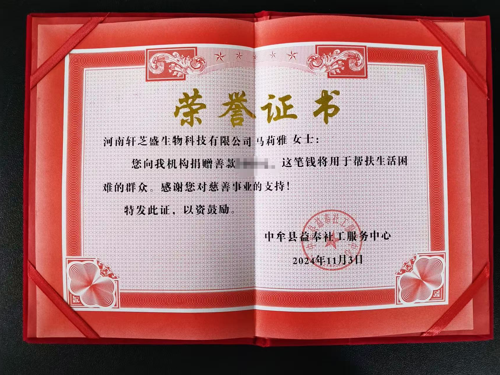 轩芝盛公益捐赠证书二